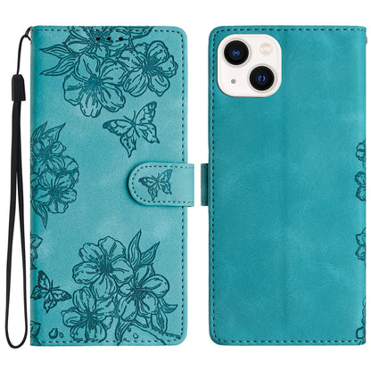 ELECTROPRIME For iPhone 15 Plus Cherry Blossom Butterfly Skin Feel Embossed PU Phone Case(Green)