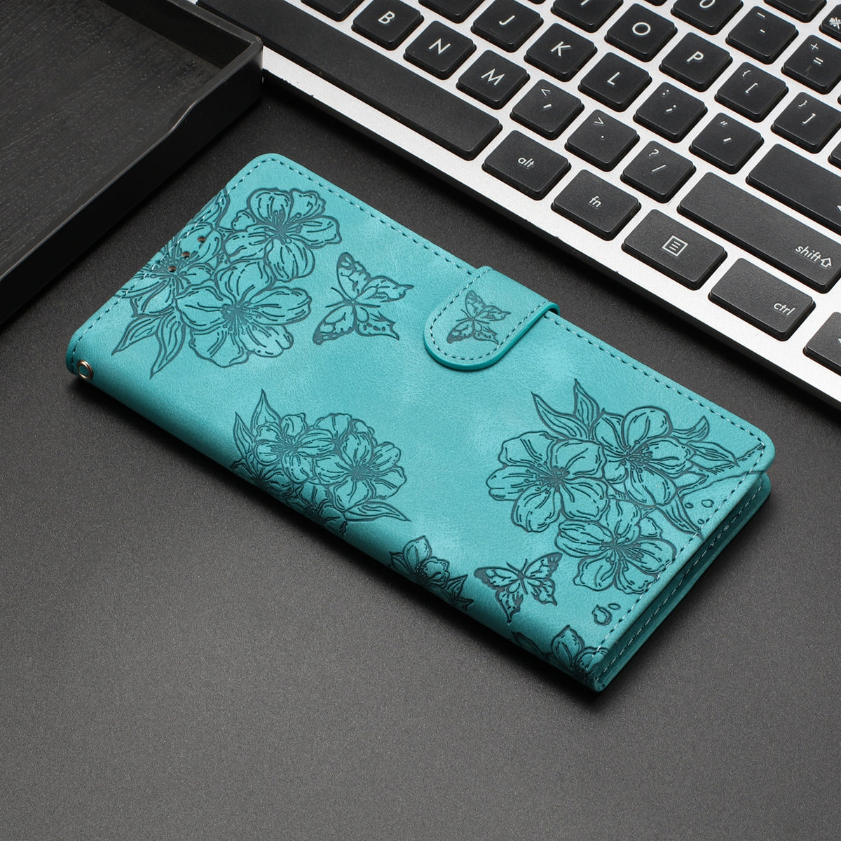 ELECTROPRIME For iPhone 15 Plus Cherry Blossom Butterfly Skin Feel Embossed PU Phone Case(Green)