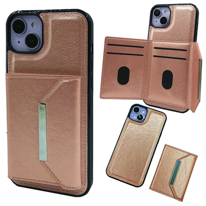 ELECTROPRIME For iPhone 15 Plus Solid Color Metal Buckle Card Slots Bag Phone Case(Rose Gold)