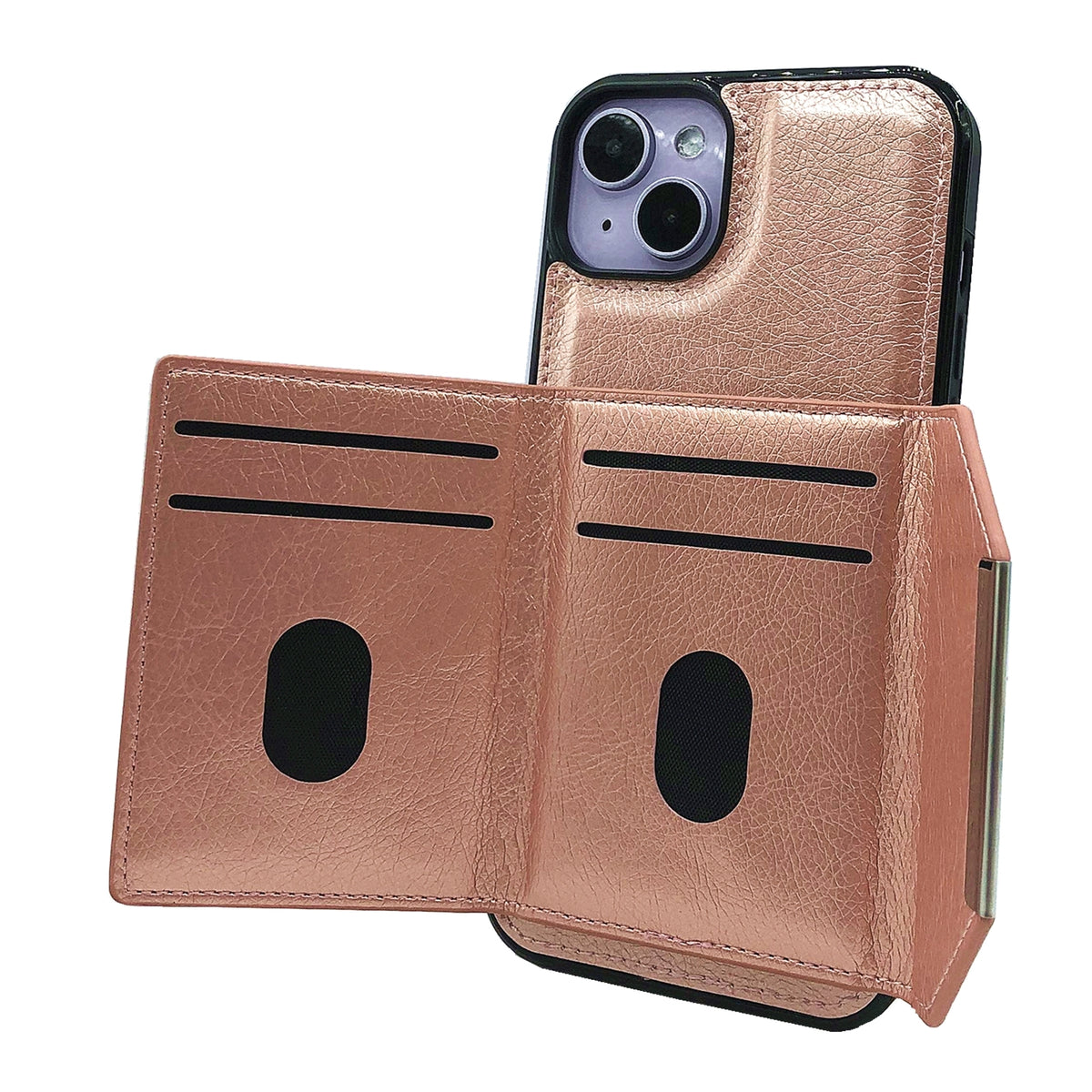 ELECTROPRIME For iPhone 15 Plus Solid Color Metal Buckle Card Slots Bag Phone Case(Rose Gold)