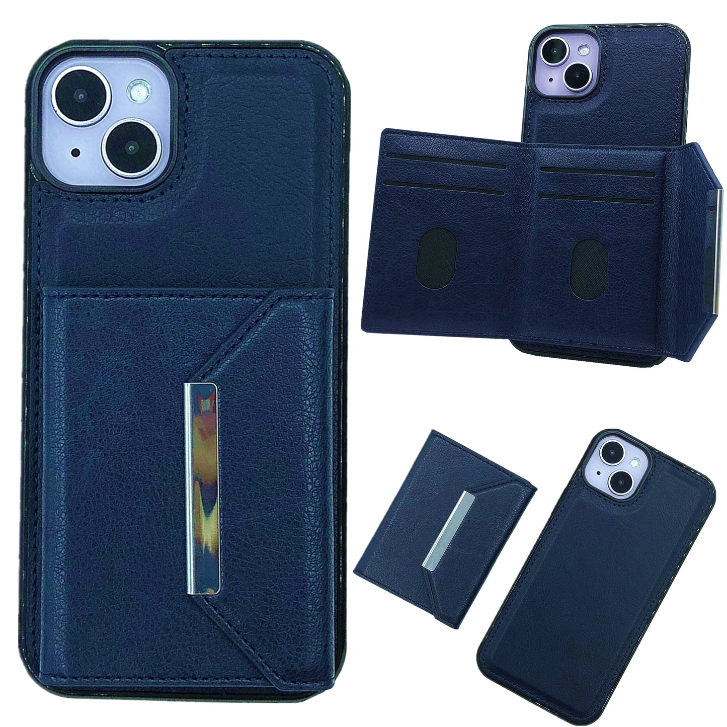 ELECTROPRIME For iPhone 15 Solid Color Metal Buckle Card Slots Bag Phone Case(Blue)