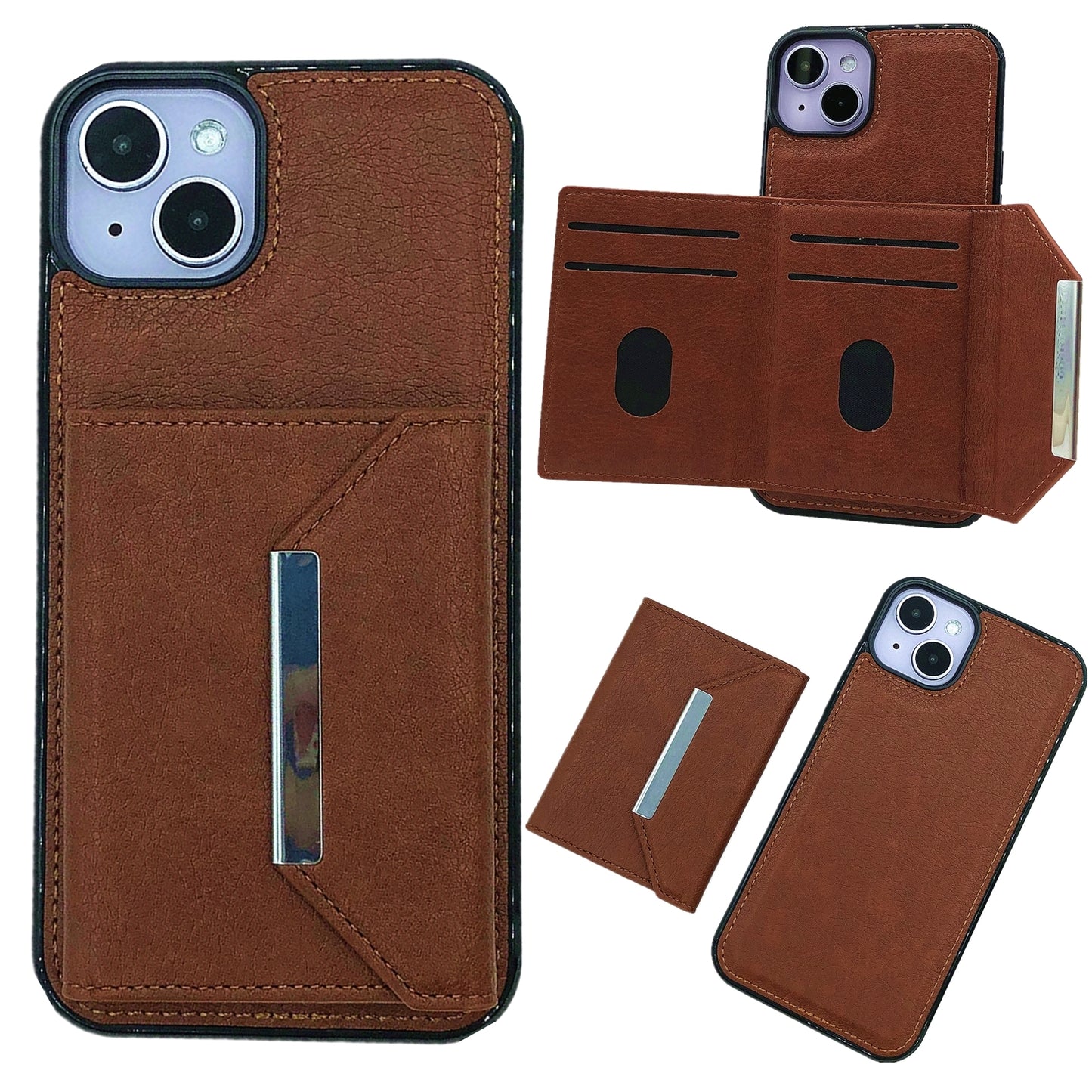 ELECTROPRIME For iPhone 15 Solid Color Metal Buckle Card Slots Bag Phone Case(Brown)