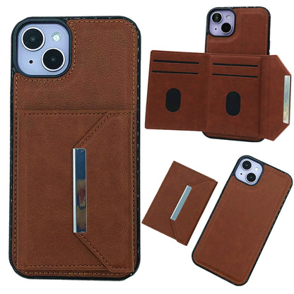 ELECTROPRIME For iPhone 15 Solid Color Metal Buckle Card Slots Bag Phone Case(Brown)