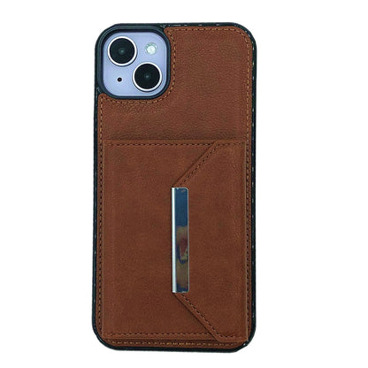 ELECTROPRIME For iPhone 15 Solid Color Metal Buckle Card Slots Bag Phone Case(Brown)