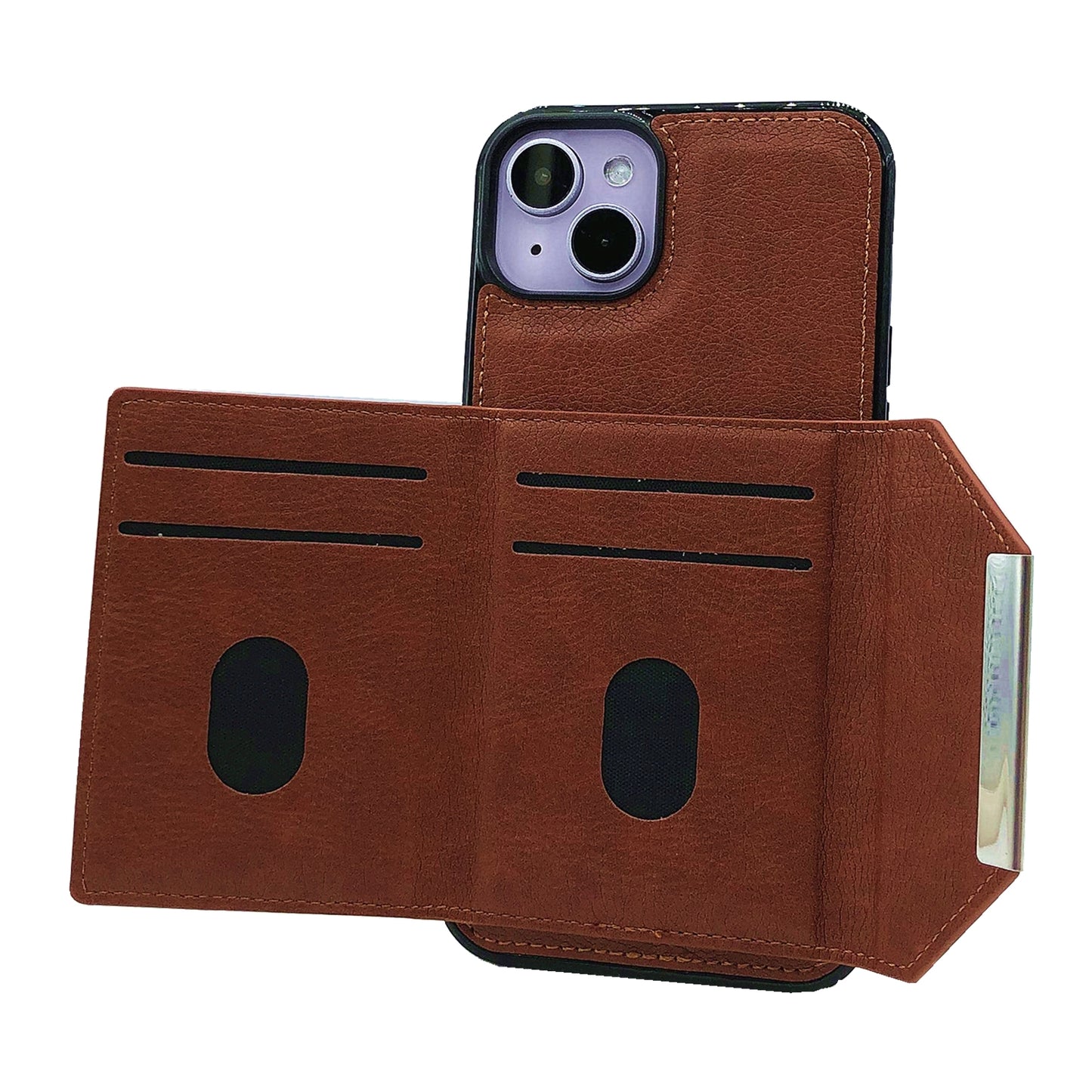 ELECTROPRIME For iPhone 15 Solid Color Metal Buckle Card Slots Bag Phone Case(Brown)