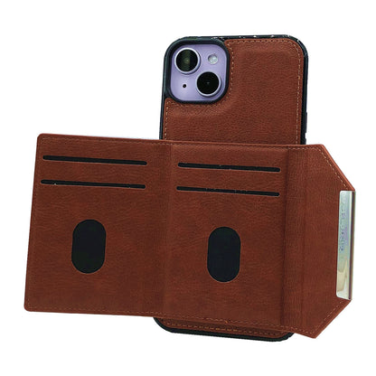 ELECTROPRIME For iPhone 15 Solid Color Metal Buckle Card Slots Bag Phone Case(Brown)