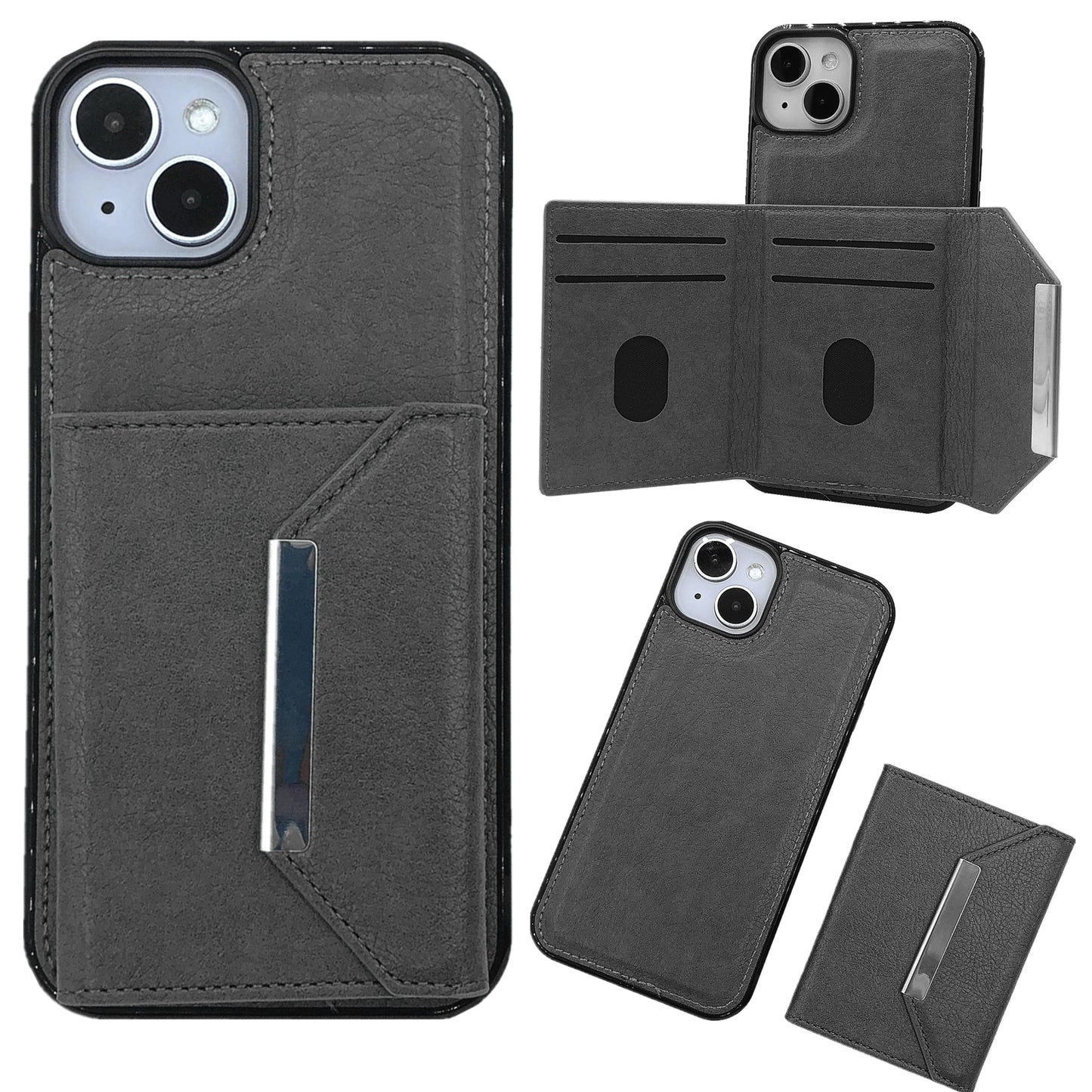 ELECTROPRIME For iPhone 15 Solid Color Metal Buckle Card Slots Bag Phone Case(Grey)