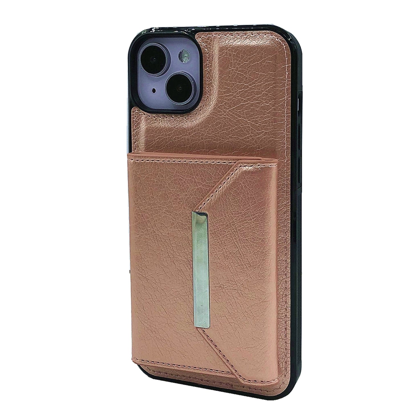 ELECTROPRIME For iPhone 15 Solid Color Metal Buckle Card Slots Bag Phone Case(Rose Gold)