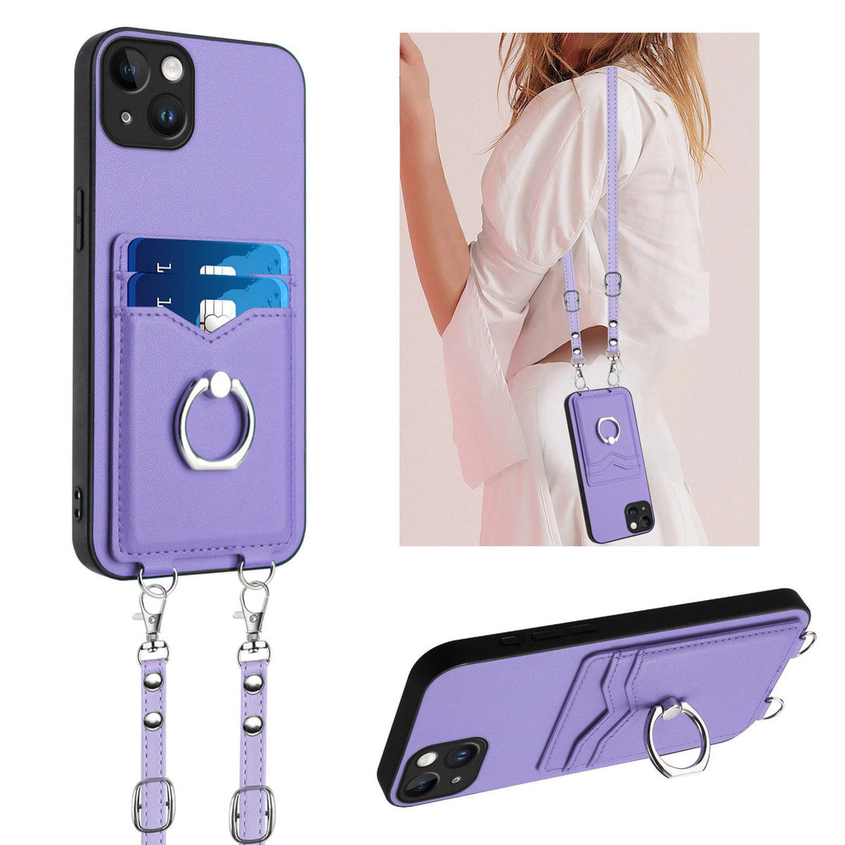 ELECTROPRIME For iPhone 15 Plus R20 Crossbody Rope Ring Card Holder Phone Case(Purple)