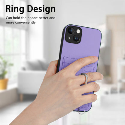 ELECTROPRIME For iPhone 15 Plus R20 Crossbody Rope Ring Card Holder Phone Case(Purple)