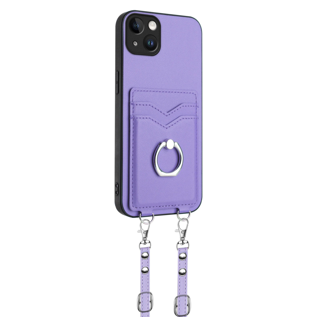 ELECTROPRIME For iPhone 15 Plus R20 Crossbody Rope Ring Card Holder Phone Case(Purple)