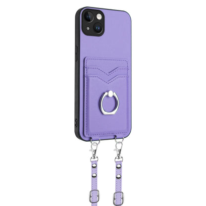 ELECTROPRIME For iPhone 15 Plus R20 Crossbody Rope Ring Card Holder Phone Case(Purple)
