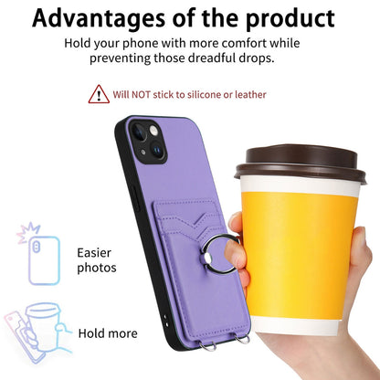 ELECTROPRIME For iPhone 15 Plus R20 Crossbody Rope Ring Card Holder Phone Case(Purple)