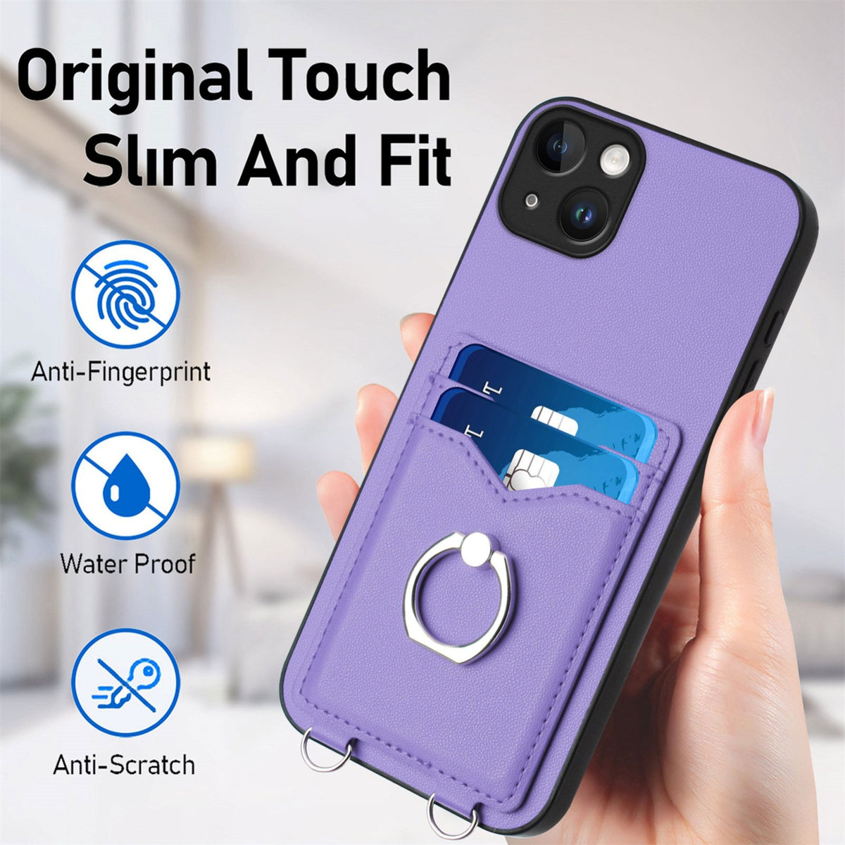 ELECTROPRIME For iPhone 15 Plus R20 Crossbody Rope Ring Card Holder Phone Case(Purple)