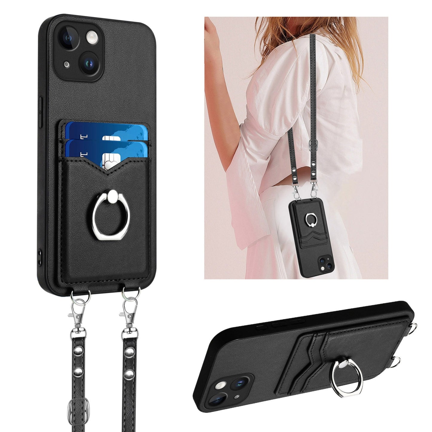 ELECTROPRIME For iPhone 15 R20 Crossbody Rope Ring Card Holder Phone Case(Black)