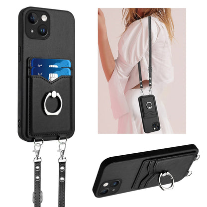 ELECTROPRIME For iPhone 15 R20 Crossbody Rope Ring Card Holder Phone Case(Black)