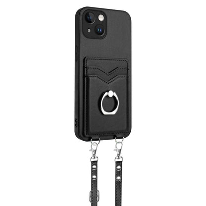 ELECTROPRIME For iPhone 15 R20 Crossbody Rope Ring Card Holder Phone Case(Black)