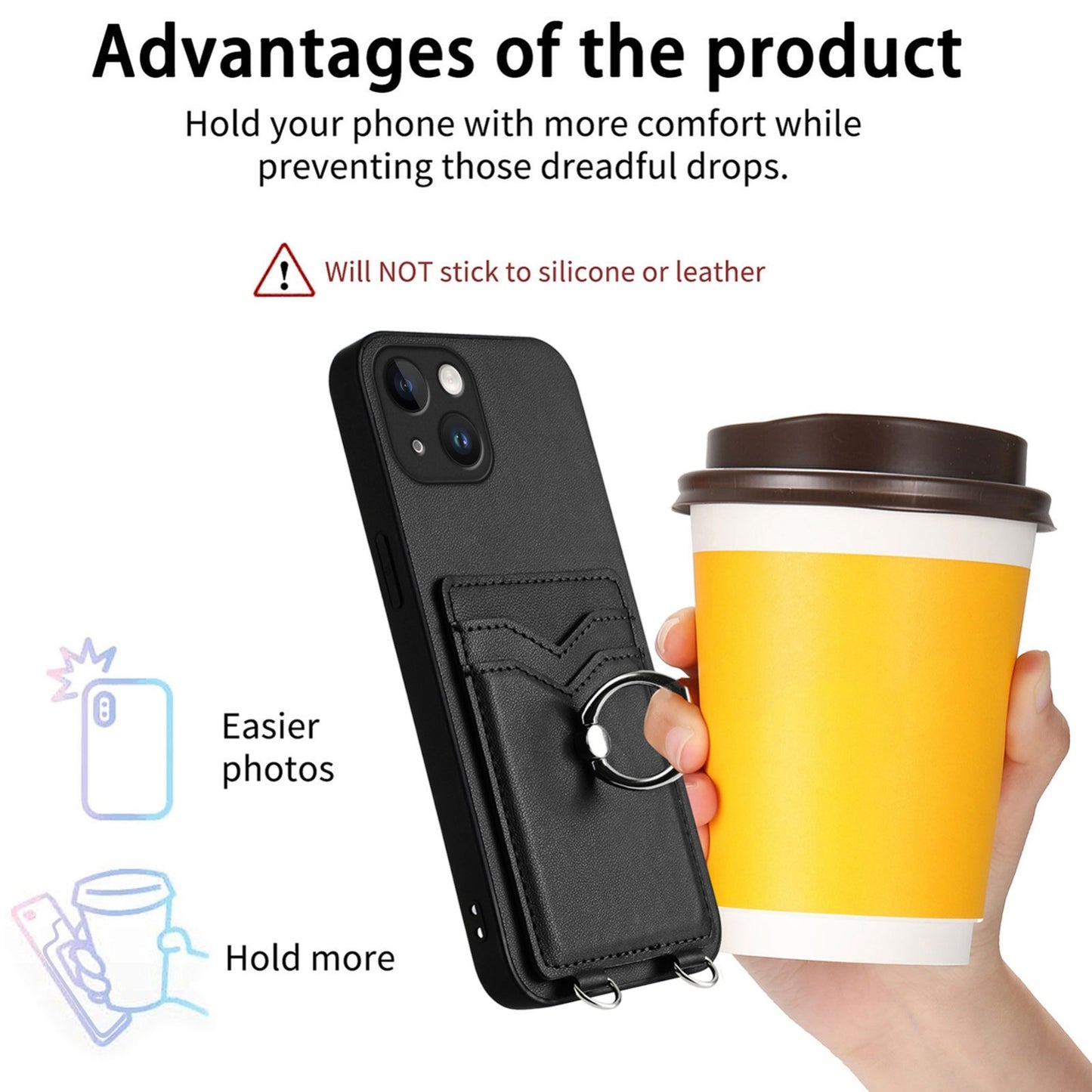 ELECTROPRIME For iPhone 15 R20 Crossbody Rope Ring Card Holder Phone Case(Black)