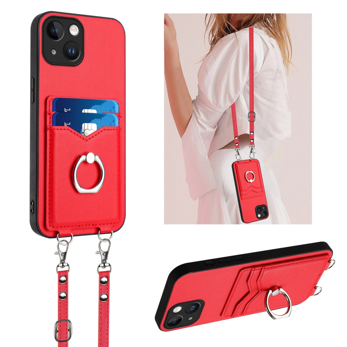 ELECTROPRIME For iPhone 15 R20 Crossbody Rope Ring Card Holder Phone Case(Red)
