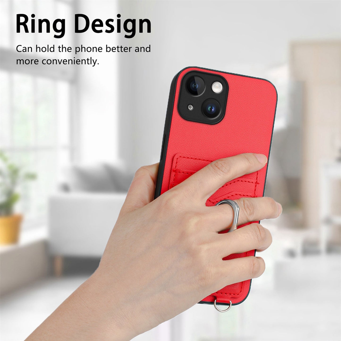 ELECTROPRIME For iPhone 15 R20 Crossbody Rope Ring Card Holder Phone Case(Red)
