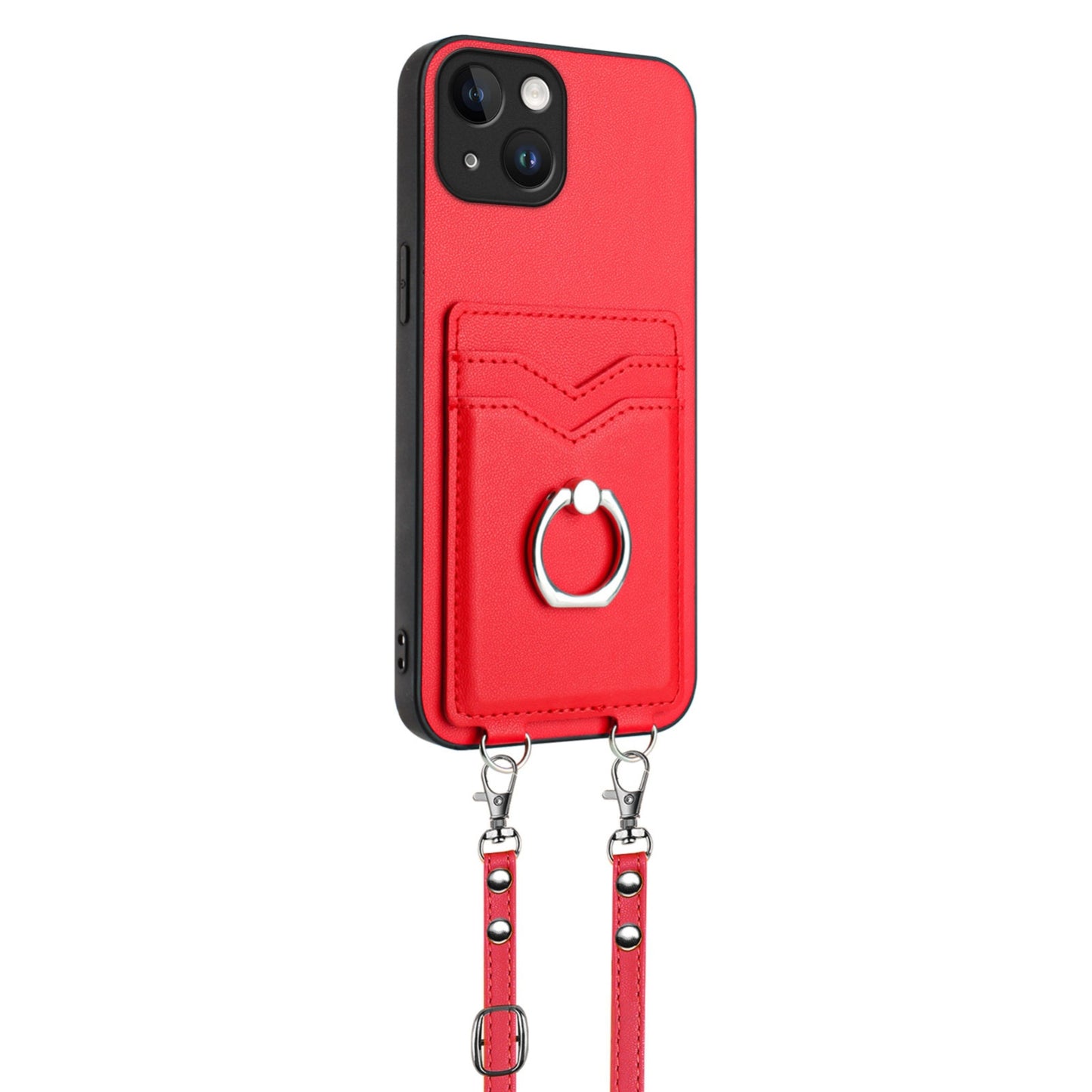 ELECTROPRIME For iPhone 15 R20 Crossbody Rope Ring Card Holder Phone Case(Red)
