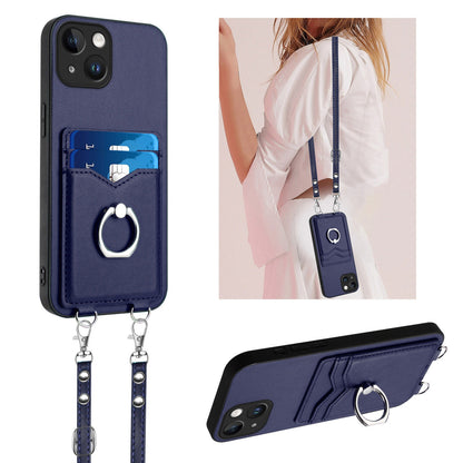 ELECTROPRIME For iPhone 15 R20 Crossbody Rope Ring Card Holder Phone Case(Blue)