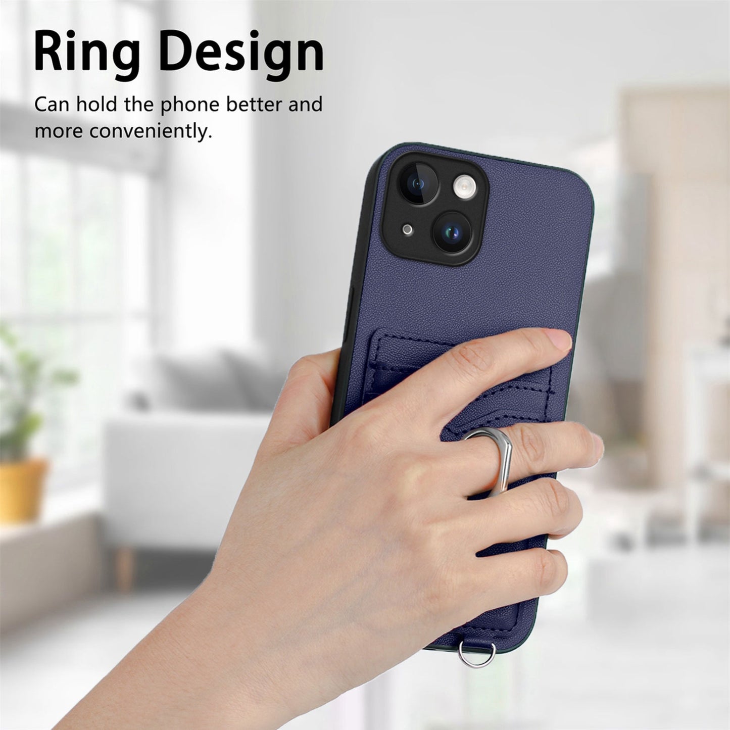 ELECTROPRIME For iPhone 15 R20 Crossbody Rope Ring Card Holder Phone Case(Blue)