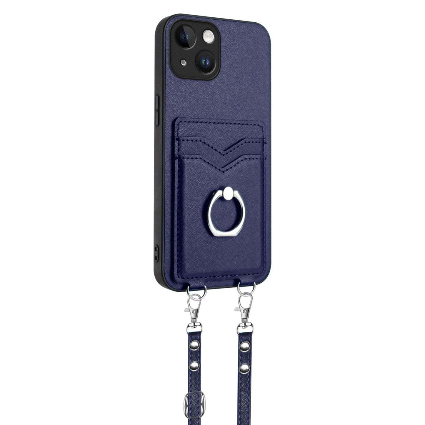ELECTROPRIME For iPhone 15 R20 Crossbody Rope Ring Card Holder Phone Case(Blue)