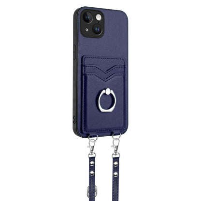ELECTROPRIME For iPhone 15 R20 Crossbody Rope Ring Card Holder Phone Case(Blue)