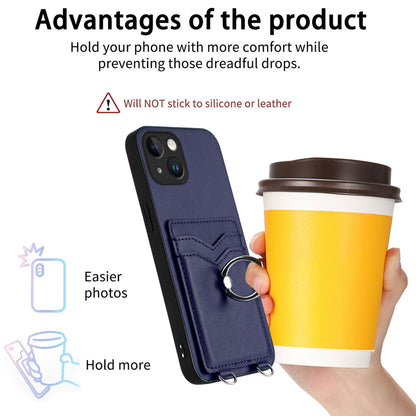 ELECTROPRIME For iPhone 15 R20 Crossbody Rope Ring Card Holder Phone Case(Blue)