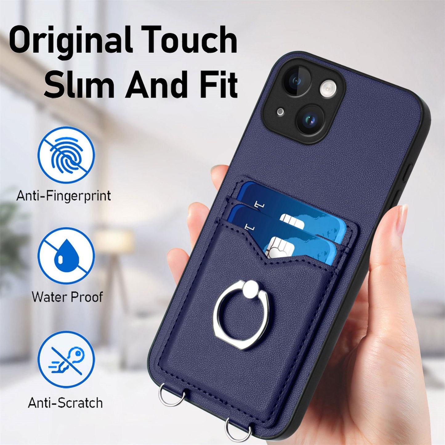 ELECTROPRIME For iPhone 15 R20 Crossbody Rope Ring Card Holder Phone Case(Blue)