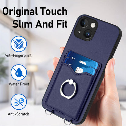 ELECTROPRIME For iPhone 15 R20 Crossbody Rope Ring Card Holder Phone Case(Blue)
