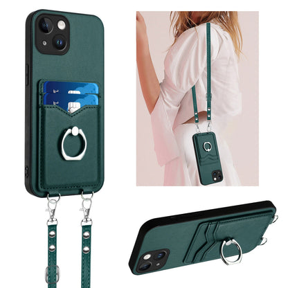 ELECTROPRIME For iPhone 15 R20 Crossbody Rope Ring Card Holder Phone Case(Green)