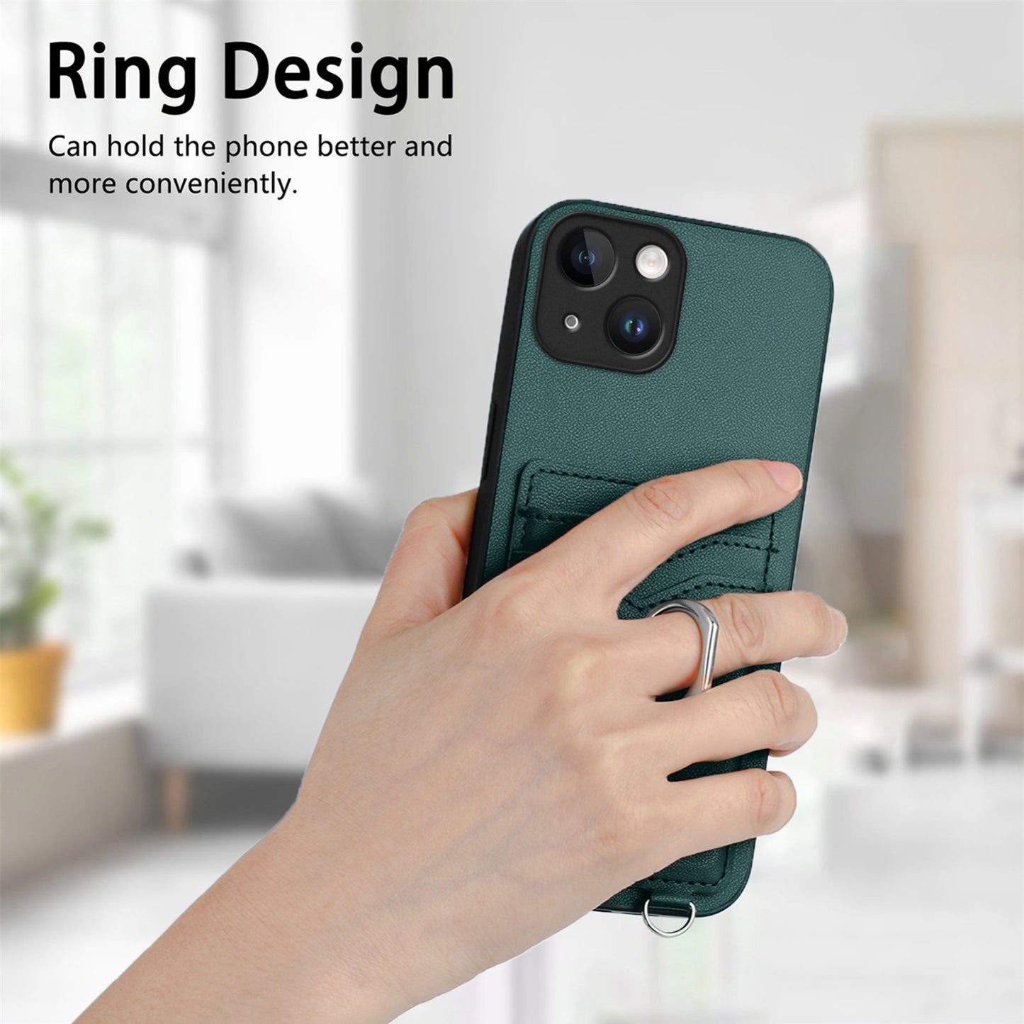 ELECTROPRIME For iPhone 15 R20 Crossbody Rope Ring Card Holder Phone Case(Green)
