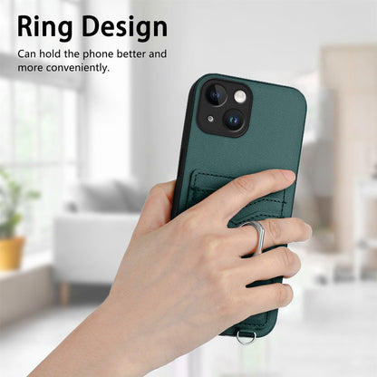 ELECTROPRIME For iPhone 15 R20 Crossbody Rope Ring Card Holder Phone Case(Green)