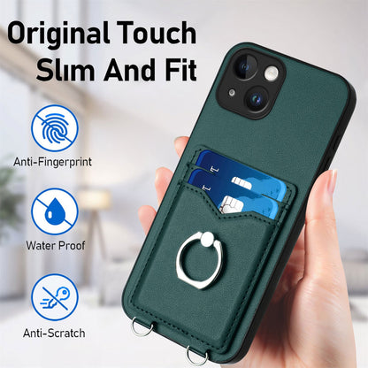ELECTROPRIME For iPhone 15 R20 Crossbody Rope Ring Card Holder Phone Case(Green)