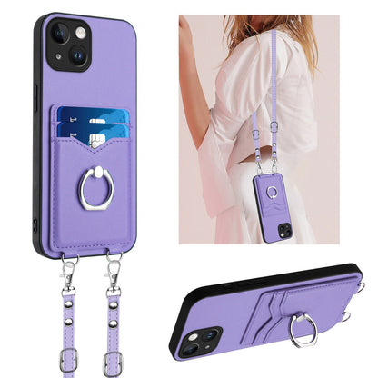 ELECTROPRIME For iPhone 15 R20 Crossbody Rope Ring Card Holder Phone Case(Purple)