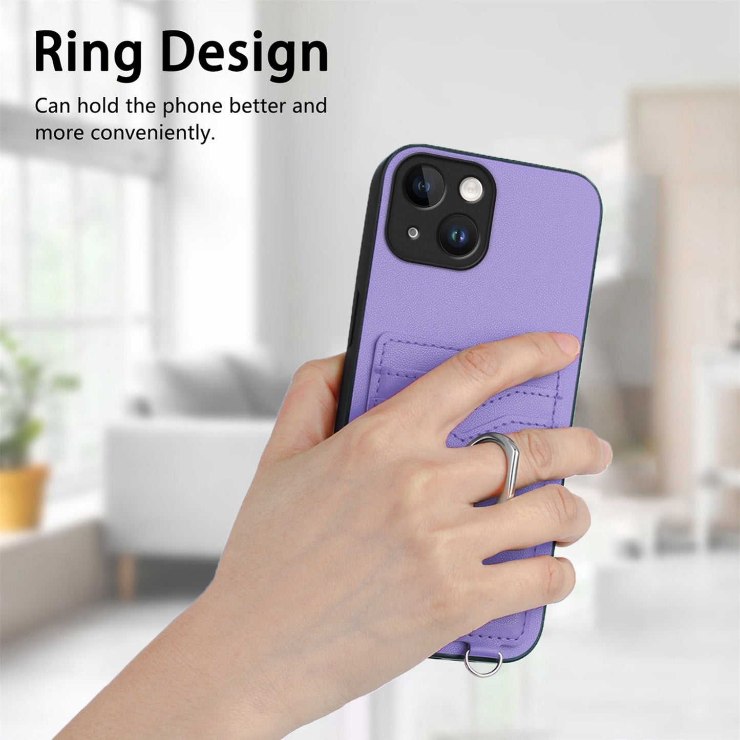 ELECTROPRIME For iPhone 15 R20 Crossbody Rope Ring Card Holder Phone Case(Purple)
