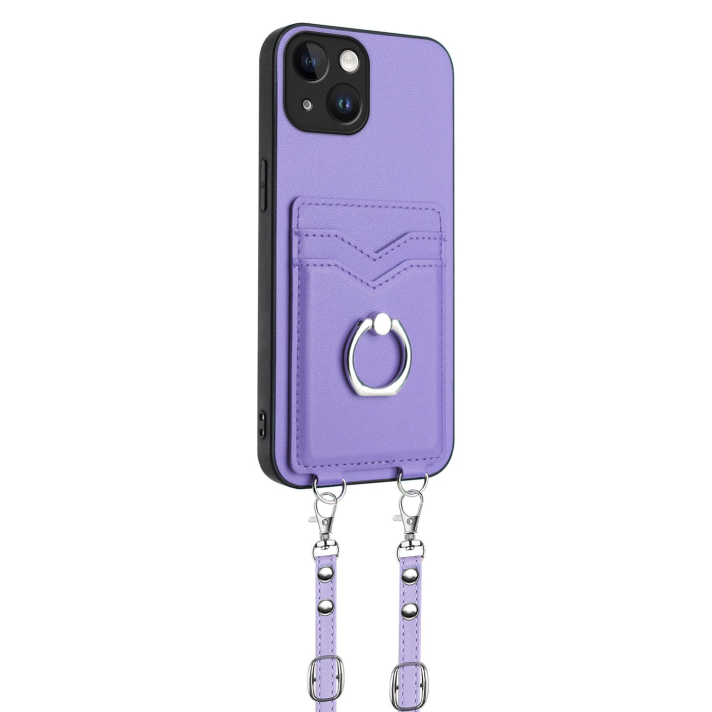 ELECTROPRIME For iPhone 15 R20 Crossbody Rope Ring Card Holder Phone Case(Purple)