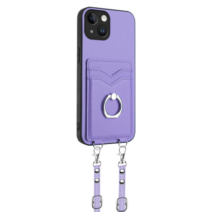 ELECTROPRIME For iPhone 15 R20 Crossbody Rope Ring Card Holder Phone Case(Purple)