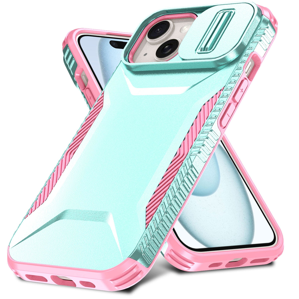 ELECTROPRIME For iPhone 15 Sliding Camshield Phone Case(Grey Green + Pink)
