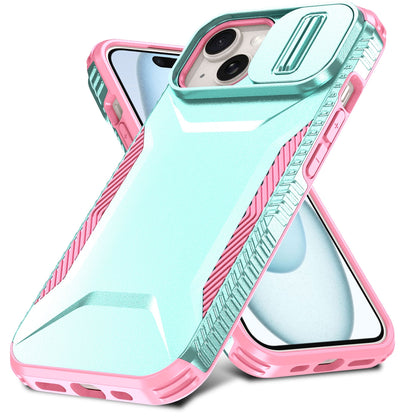 ELECTROPRIME For iPhone 15 Sliding Camshield Phone Case(Grey Green + Pink)