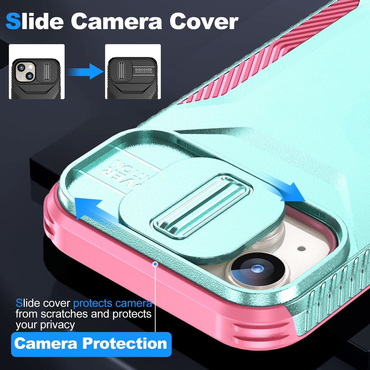 ELECTROPRIME For iPhone 15 Sliding Camshield Phone Case(Grey Green + Pink)