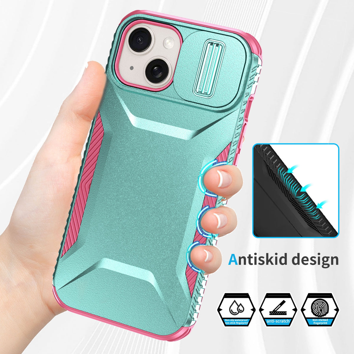 ELECTROPRIME For iPhone 15 Sliding Camshield Phone Case(Grey Green + Pink)