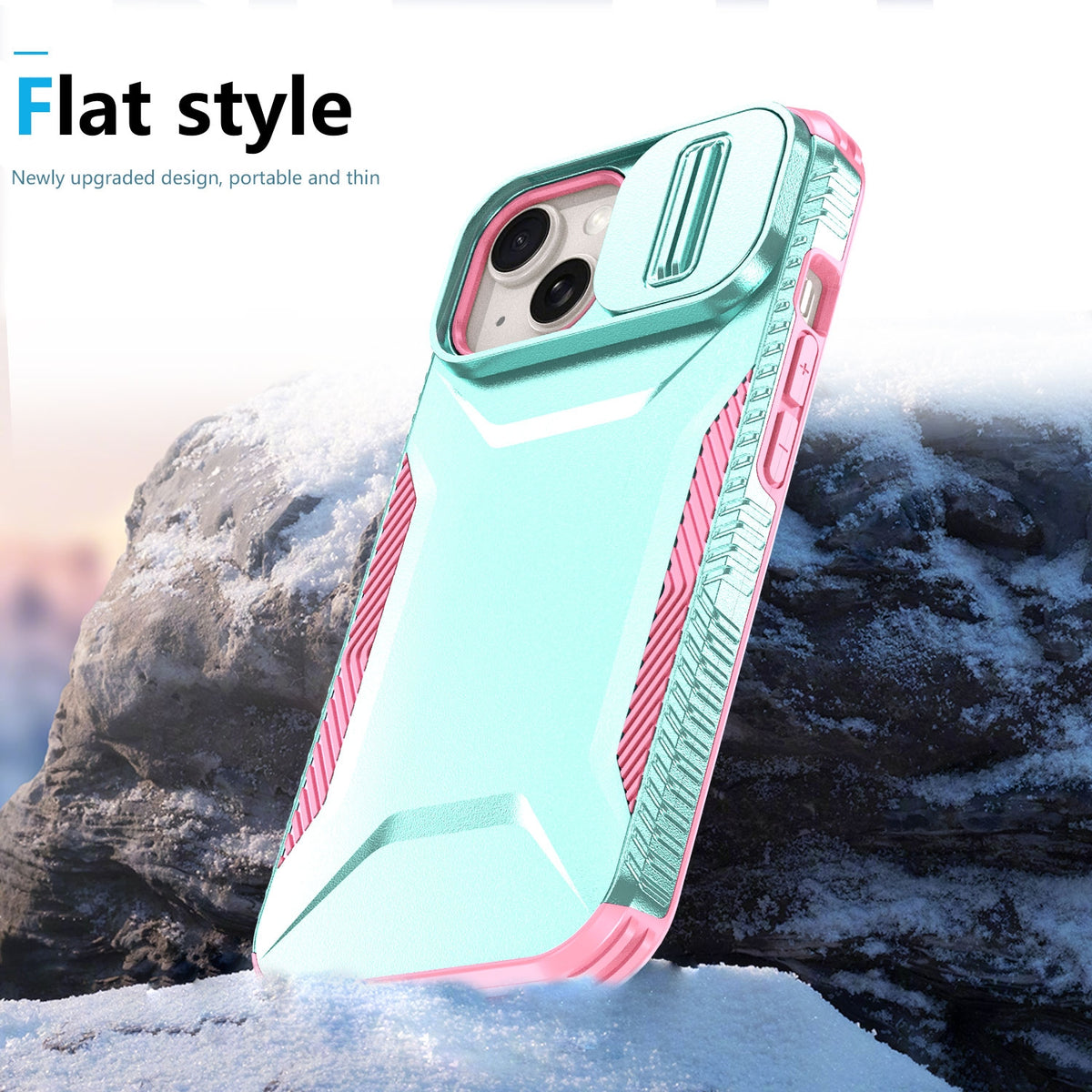 ELECTROPRIME For iPhone 15 Sliding Camshield Phone Case(Grey Green + Pink)