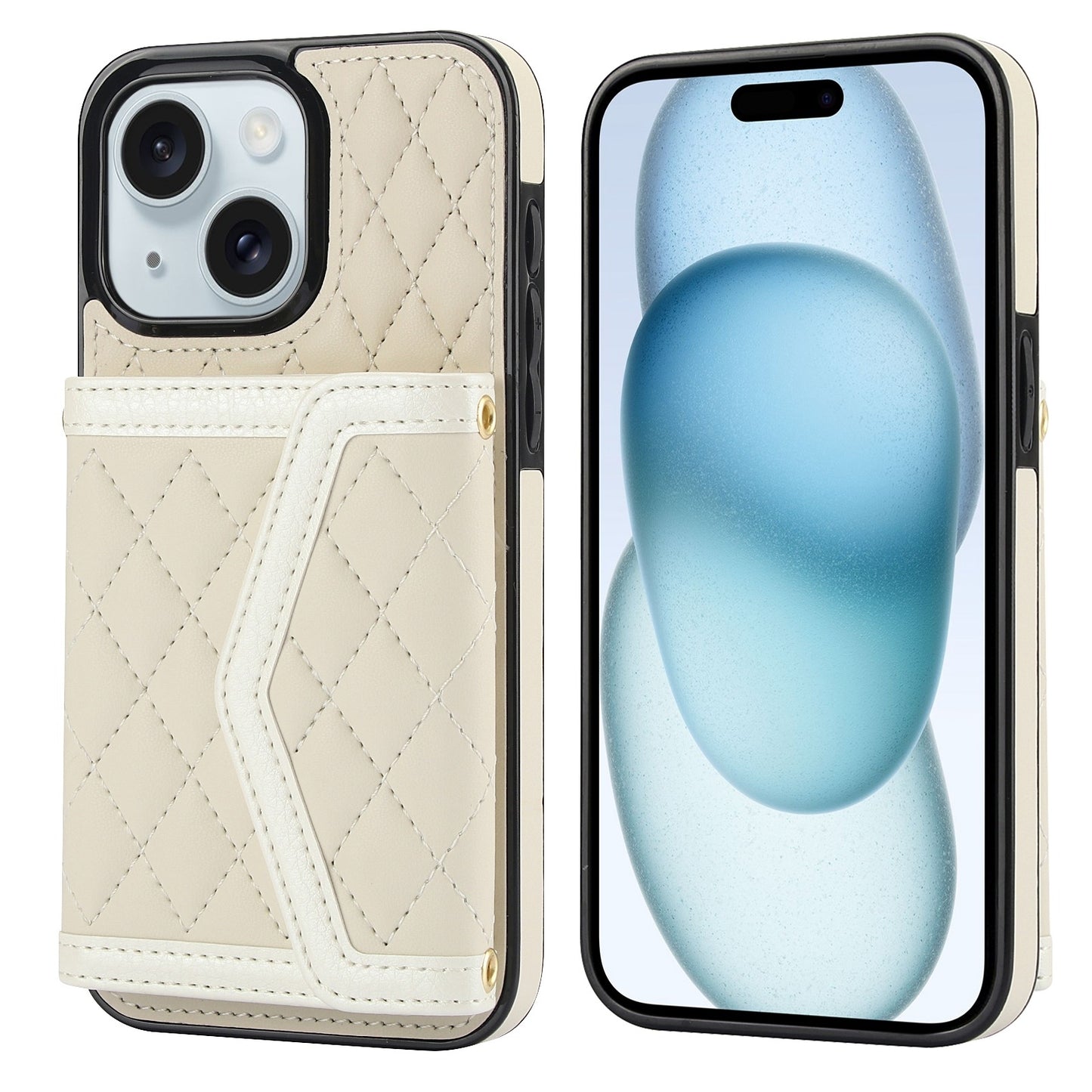 ELECTROPRIME For iPhone 15 Splicing Rhombic Texture Card Bag Phone Case with Long Lanyard(Beige)