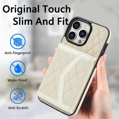 ELECTROPRIME For iPhone 15 Splicing Rhombic Texture Card Bag Phone Case with Long Lanyard(Beige)