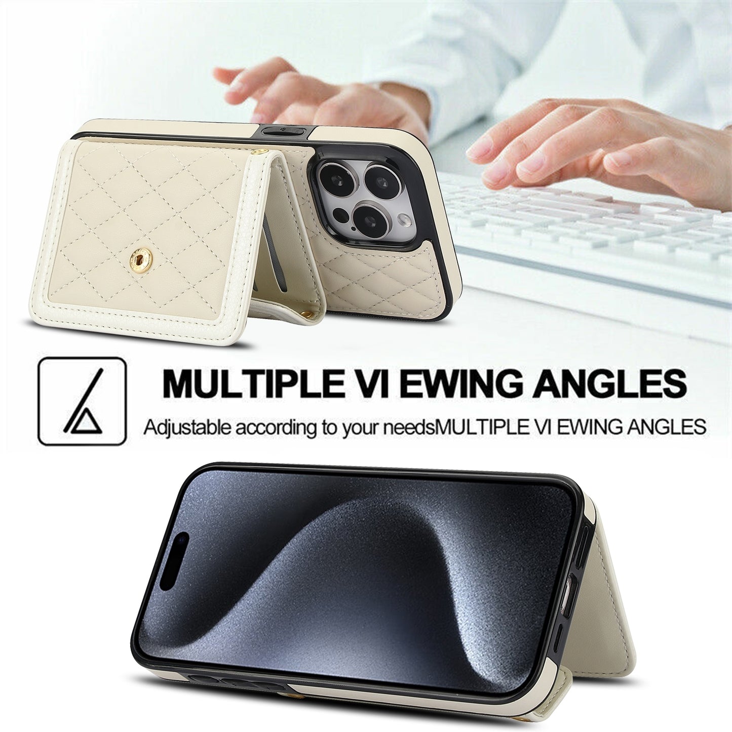 ELECTROPRIME For iPhone 15 Splicing Rhombic Texture Card Bag Phone Case with Long Lanyard(Beige)