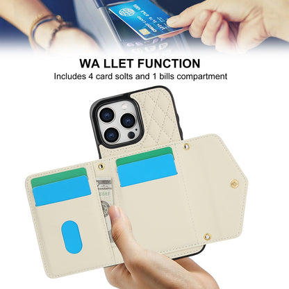 ELECTROPRIME For iPhone 15 Splicing Rhombic Texture Card Bag Phone Case with Long Lanyard(Beige)