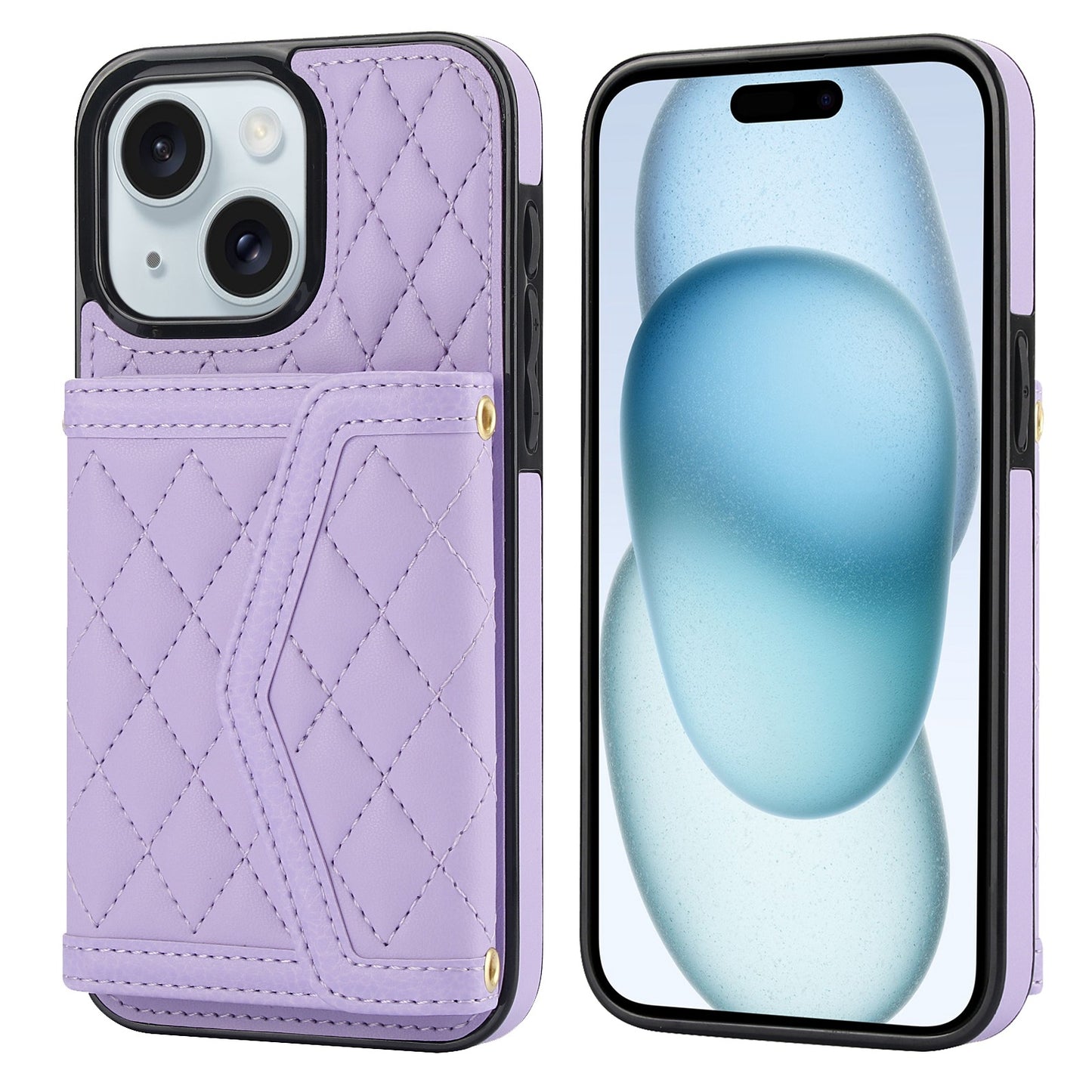 ELECTROPRIME For iPhone 15 Splicing Rhombic Texture Card Bag Phone Case with Long Lanyard(Purple)